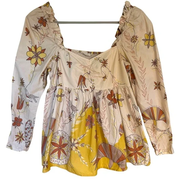 Anthropologie Let Us Be Poplin Whimsical Puff Sleeve Babydoll Blouse with Ruffle - Picture 4 of 13